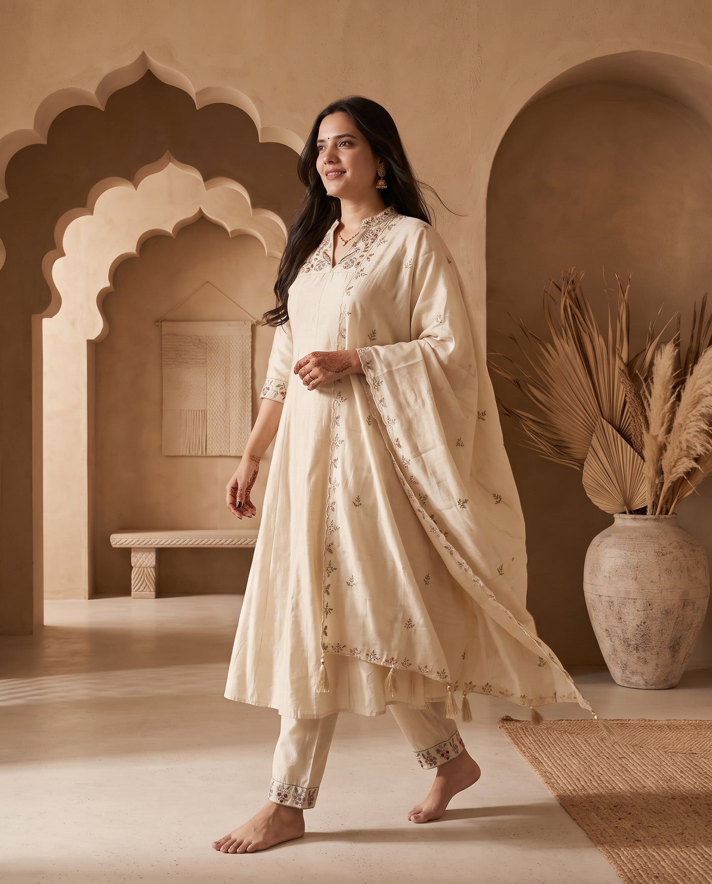 Ivory Chanderi Silk Floral Embroidered Anarkali Kurta Set with Trousers and Dupatta