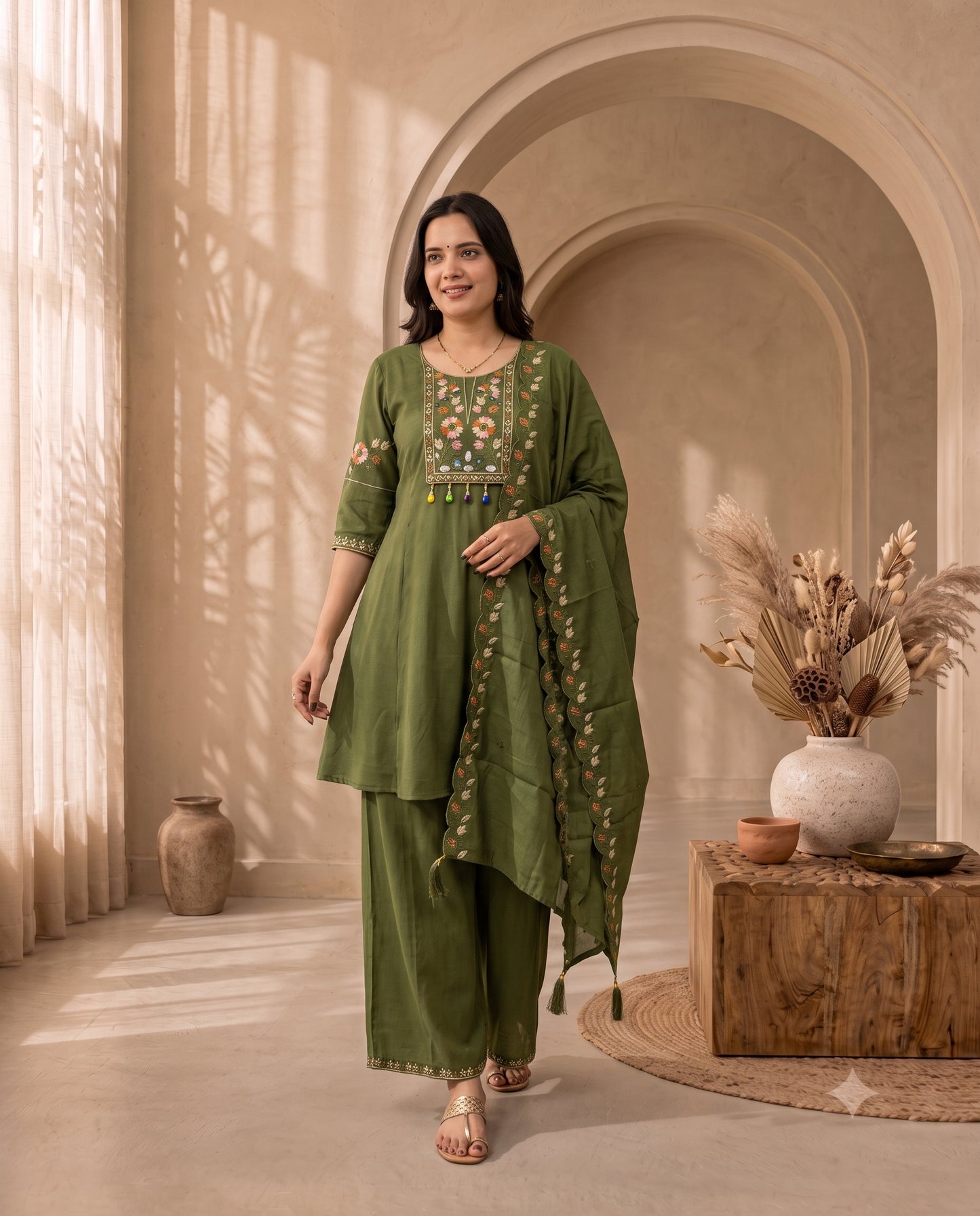 Vibrant Olive Green Short Kurta Set with Wide-Leg Palazzo and Scalloped Dupatta