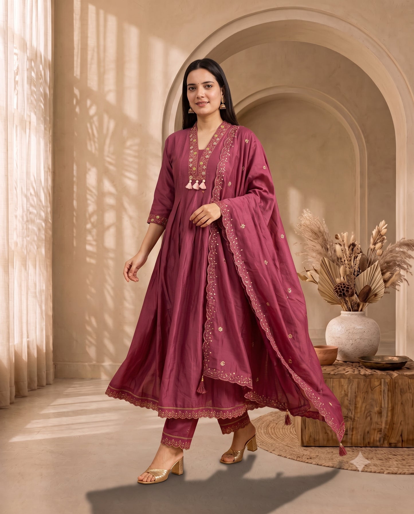 Exquisite Wine Flared Kurta Set with Palazzo and Scalloped Dupatta