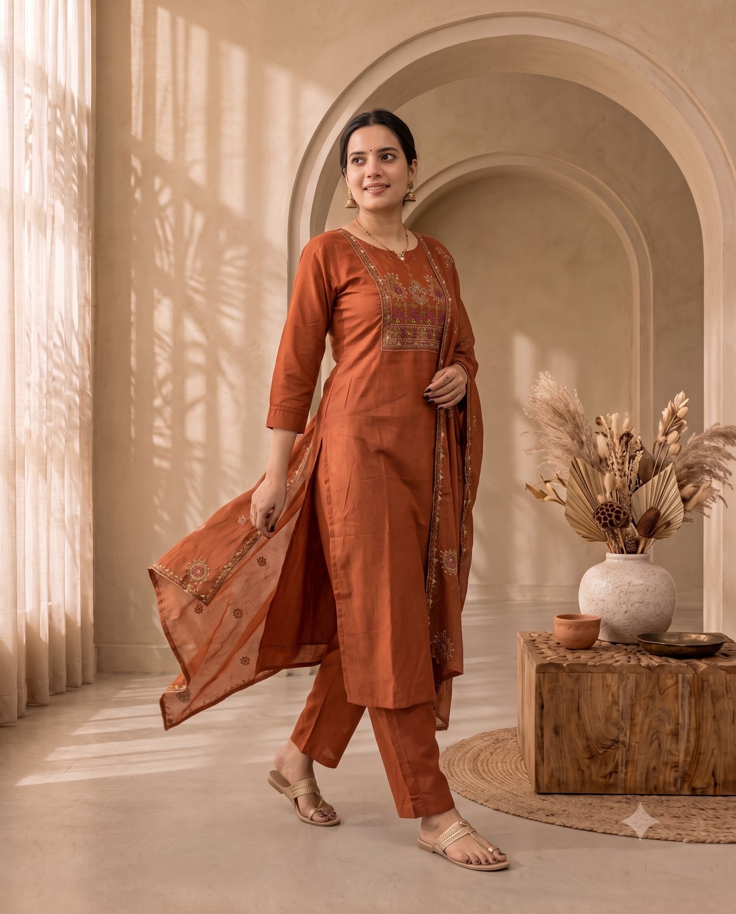 Terracotta Orange Chanderi Silk Embroidered Straight Kurta Set with Trousers and Dupatta