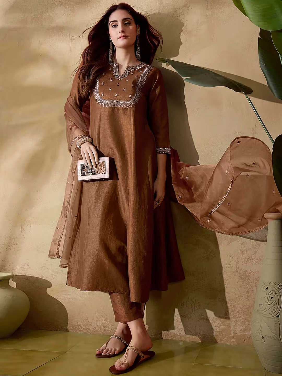 Chestnut Brown Hand-Embroidered Silk Suit Set – A-Line Kurta, Trousers & Sheer Organza Dupatta