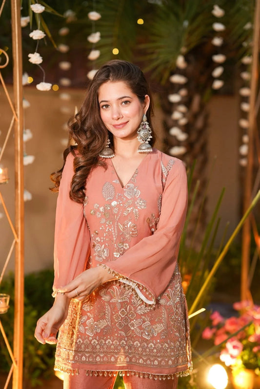 Blush Peach Silver Zari & Sequin Embroidered Kurti Co-Ord Set