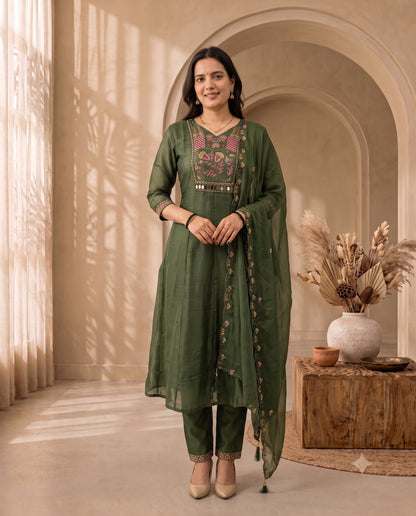 Graceful Olive Green Embroidered Anarkali Kurta Set with Matching Pants and Dupatta