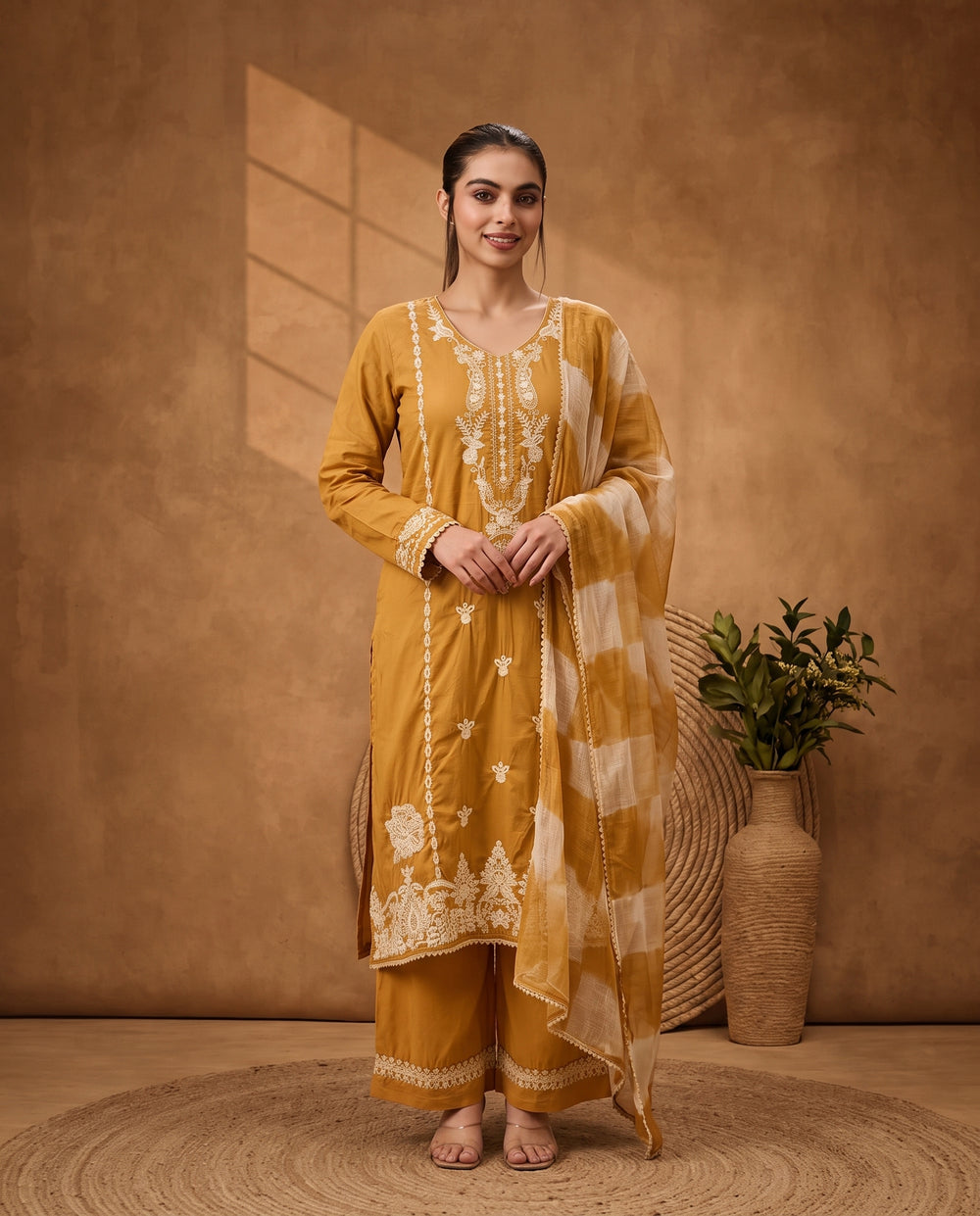 Mustard Yellow Embroidered Kurta Set with Palazzo and cota checks Dupatta