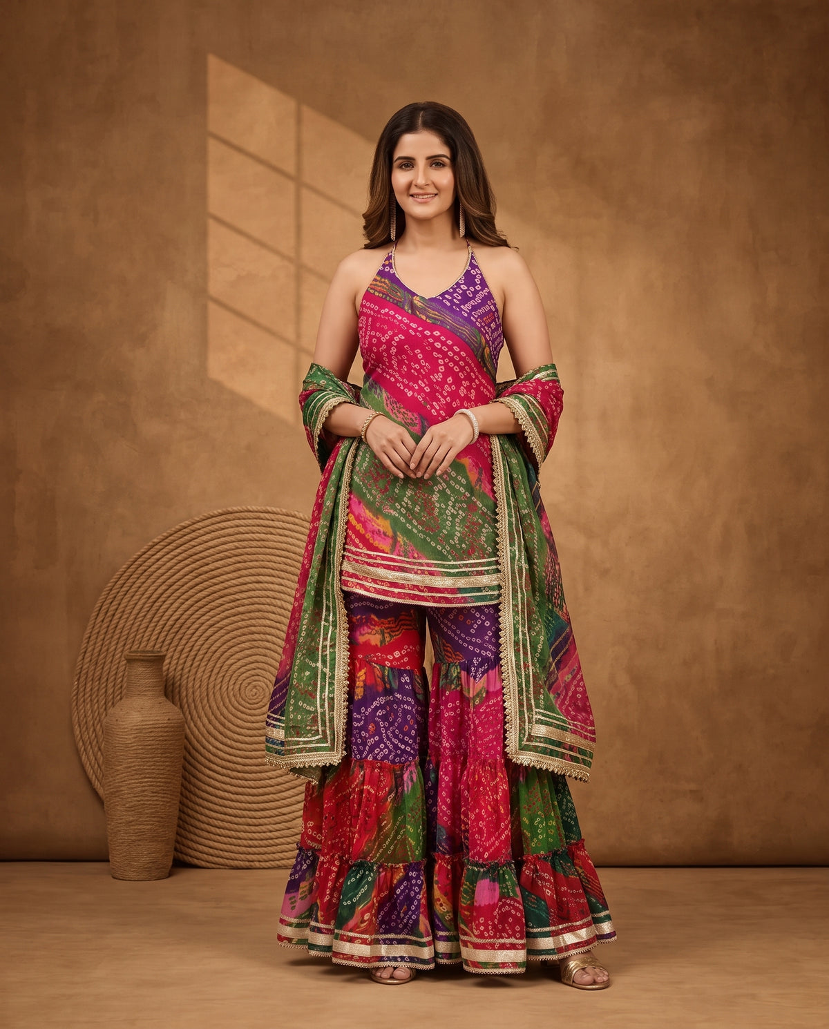 Traditional Bandhej Print Indo-Western Halter Crop Top & Tiered Sharara Suit