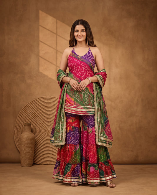 Traditional Bandhej Print Indo-Western Halter Crop Top & Tiered Sharara Suit