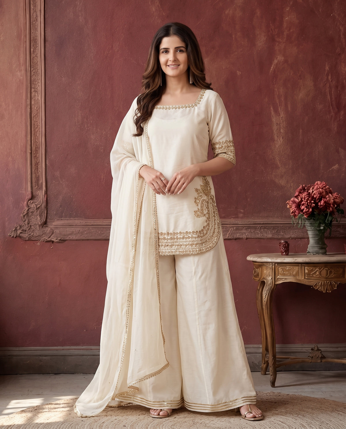 Elegant Cream Gold-Zari Work Straight Kurti and Wide-Leg Palazzo Suit