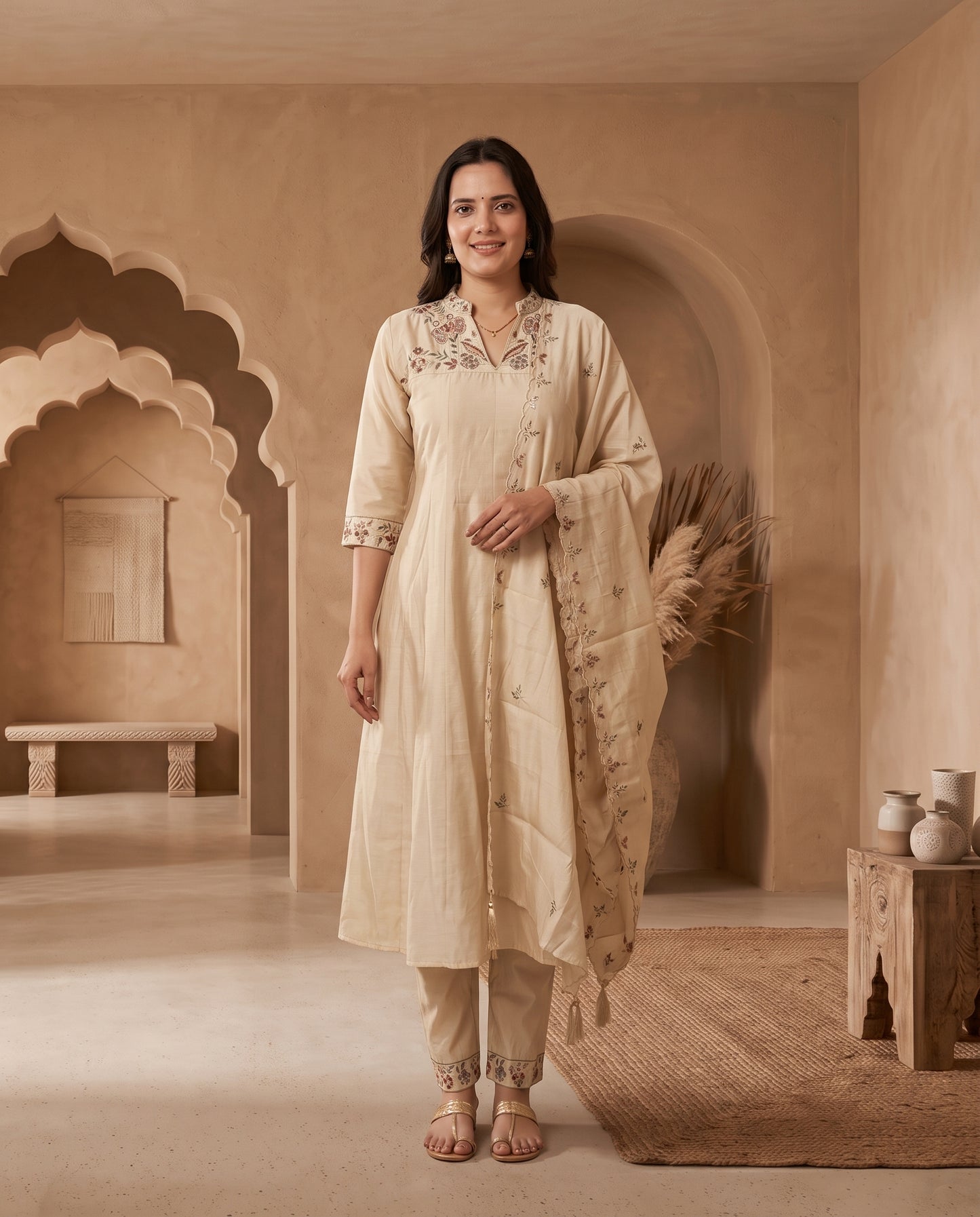 Ivory Chanderi Silk Floral Embroidered Anarkali Kurta Set with Trousers and Dupatta