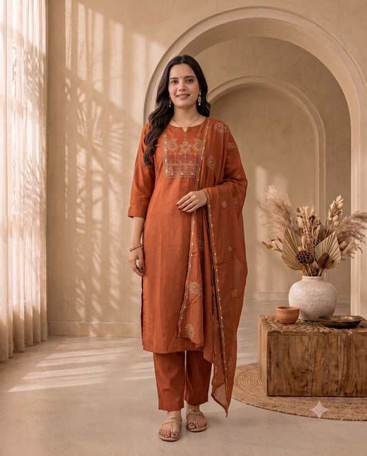Terracotta Orange Chanderi Silk Embroidered Straight Kurta Set with Trousers and Dupatta
