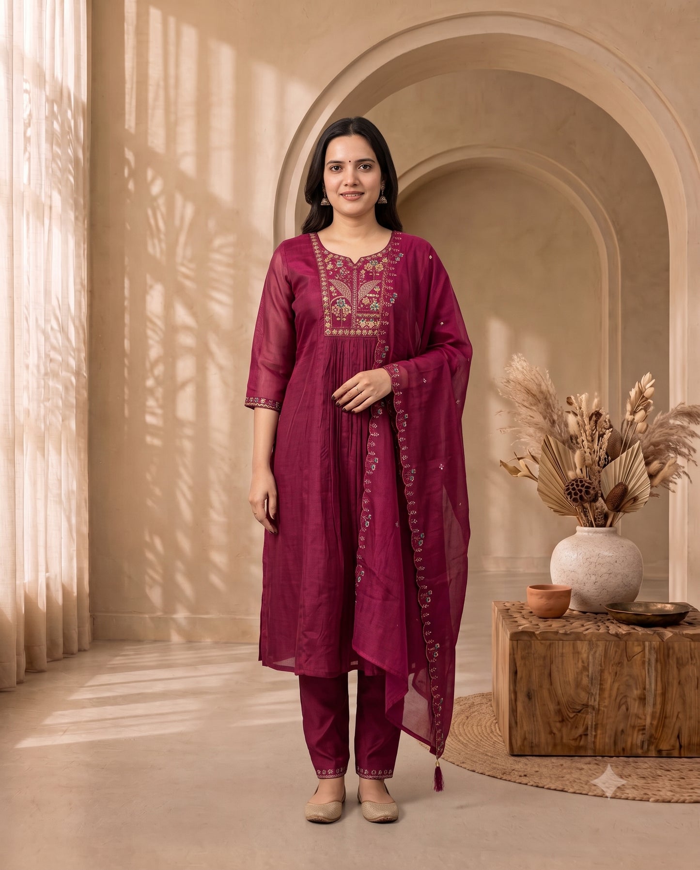 Magenta Chanderi Silk Embroidered Anarkali Kurta with Trousers and Dupatta Set