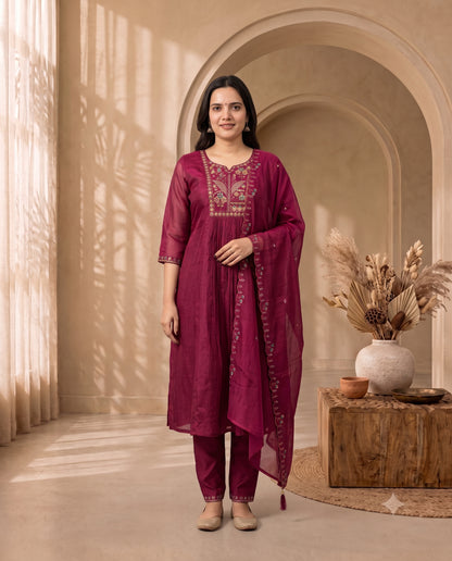 Magenta Chanderi Silk Embroidered Anarkali Kurta with Trousers and Dupatta Set
