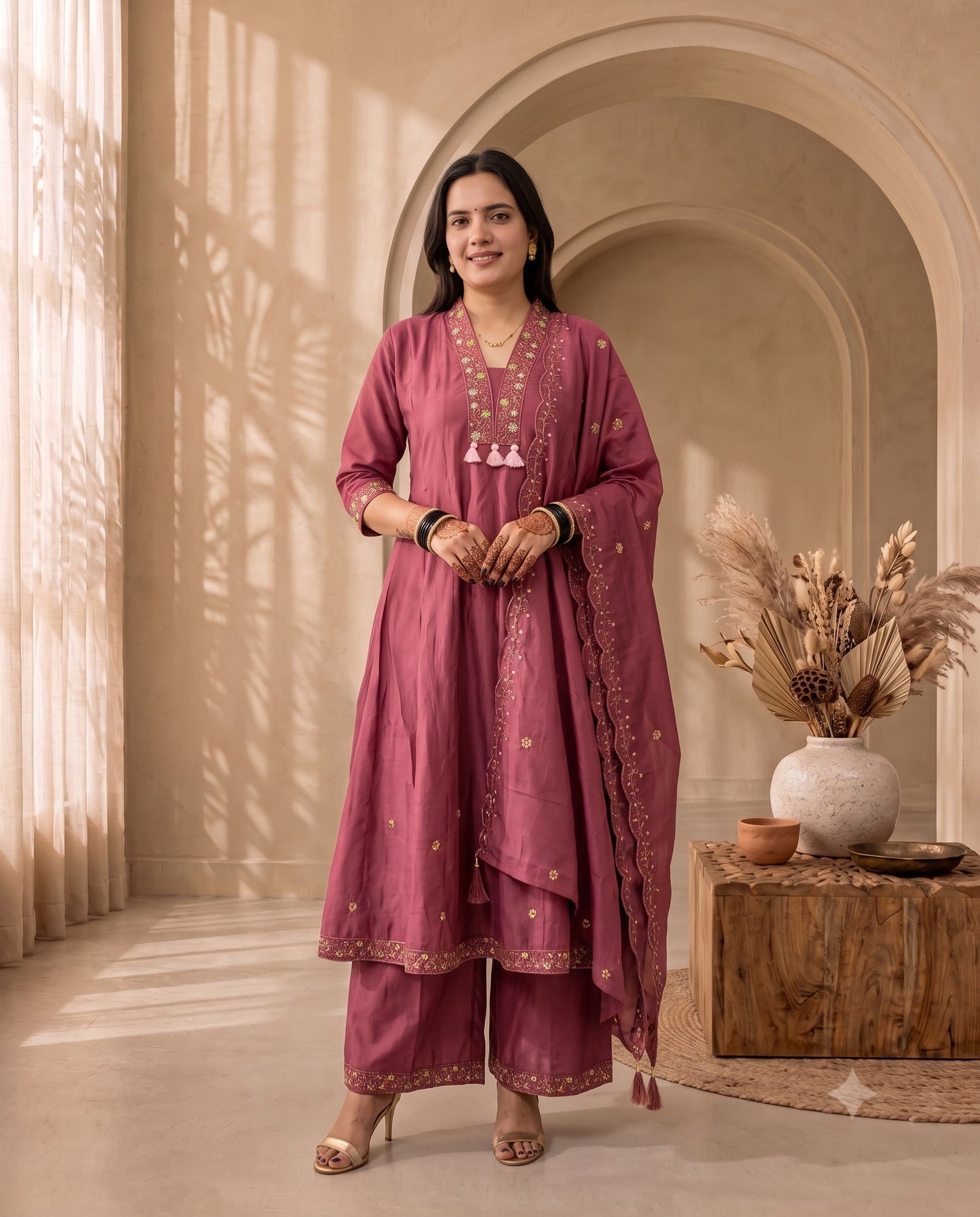Exquisite Wine Flared Kurta Set with Palazzo and Scalloped Dupatta