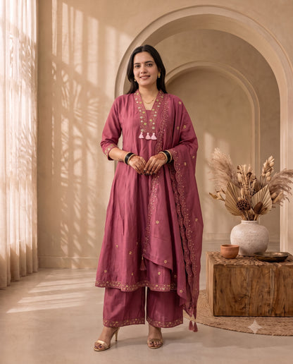 Exquisite Wine Flared Kurta Set with Palazzo and Scalloped Dupatta