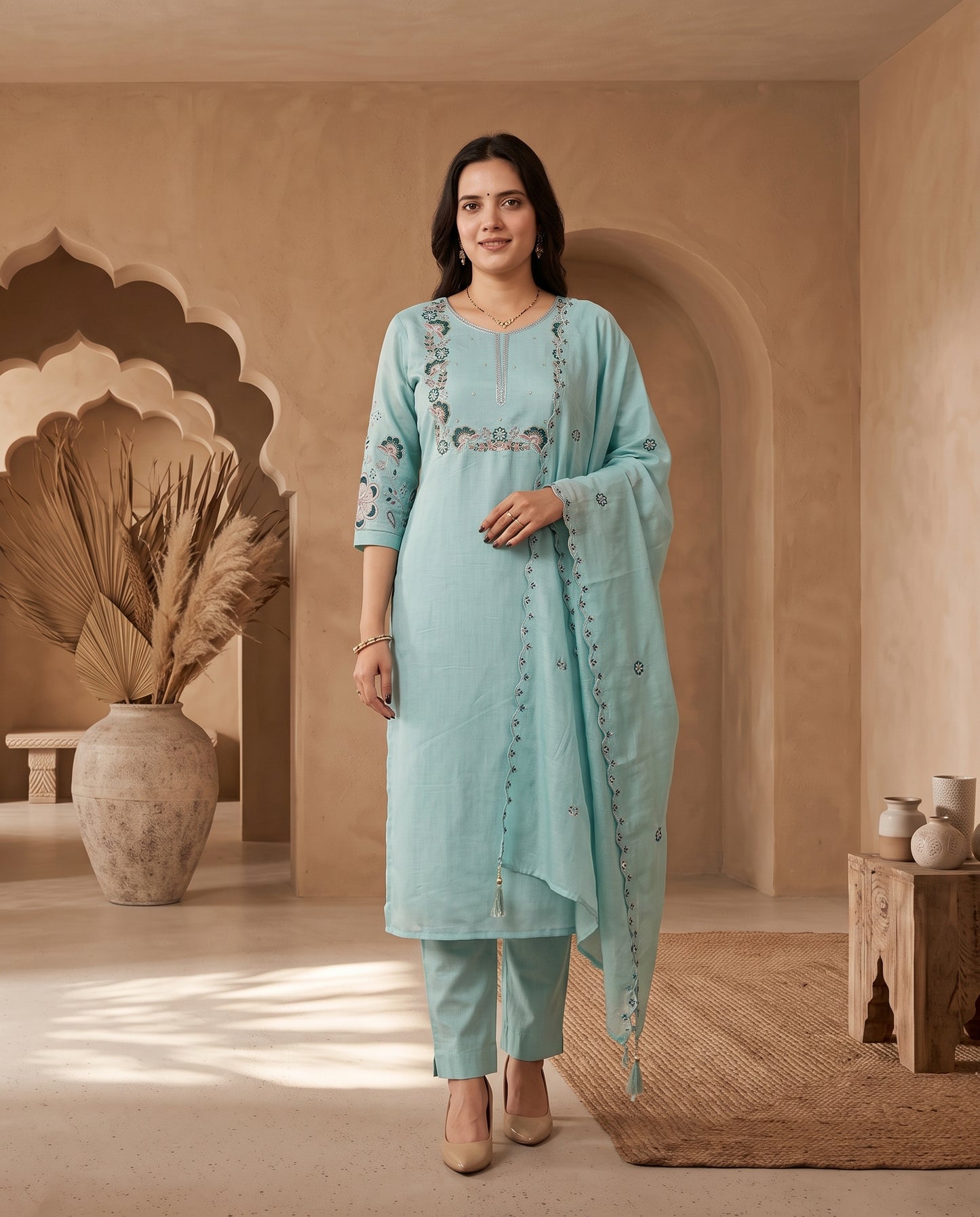 Ice Blue Threadwork Embroidered Silk Suit Set with Scalloped Dupatta