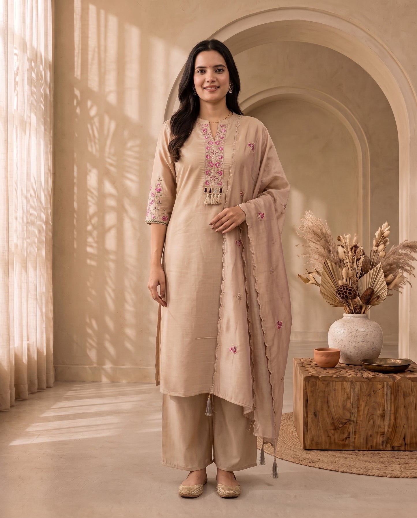 Elegance Beige Embroidered Kurta Set with Matching Palazzo and Scalloped Dupatta