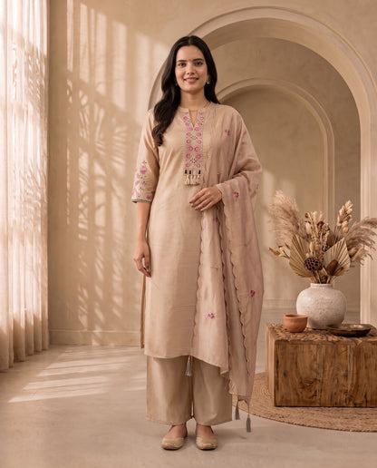 Elegance Beige Embroidered Kurta Set with Matching Palazzo and Scalloped Dupatta