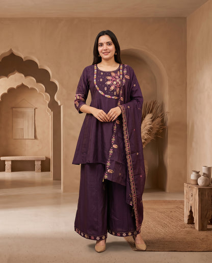 Deep Purple Hand-Embroidered Anarkali Kurta Set with Wide-Leg Palazzo & Scalloped Dupatta