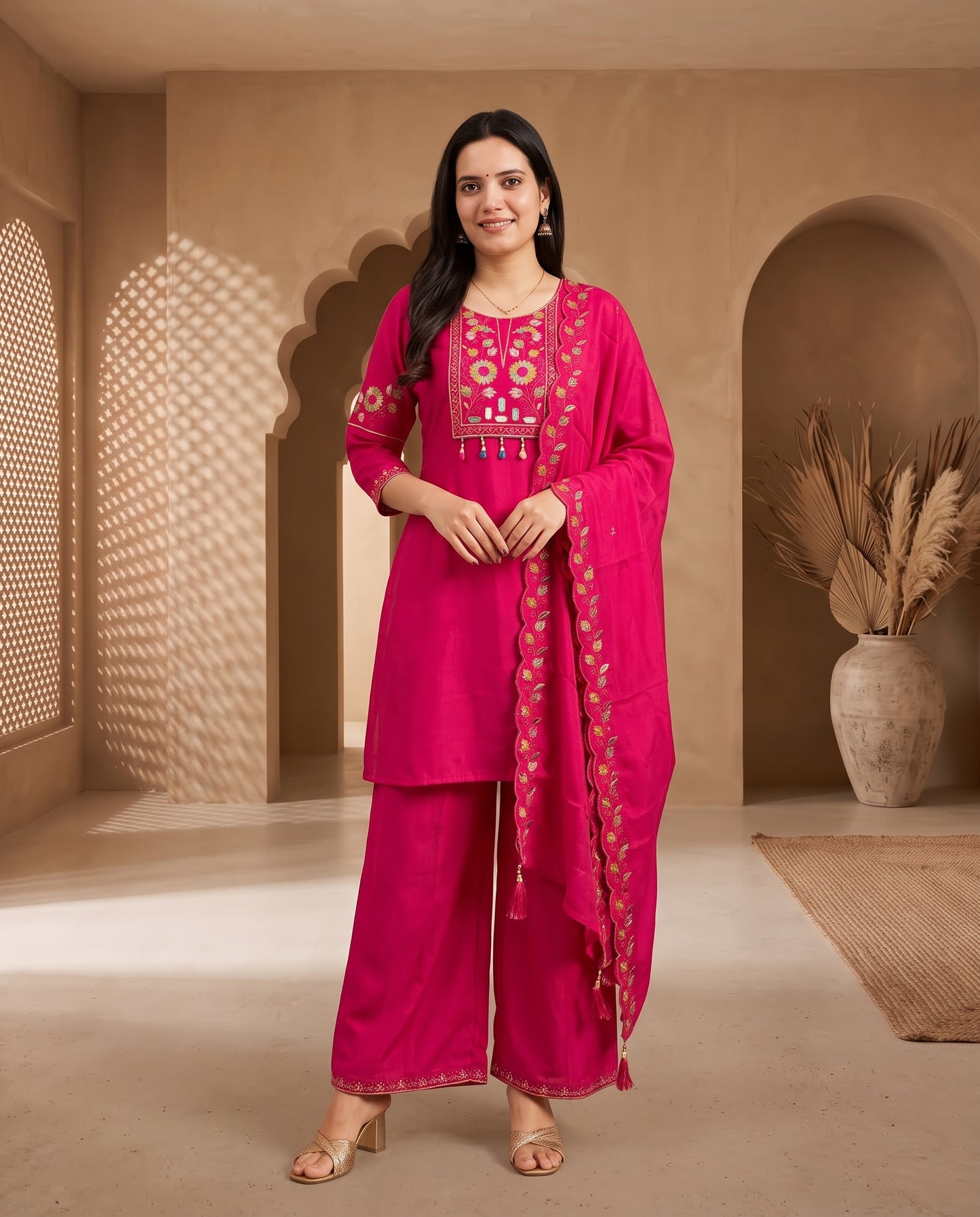Vibrant Fuchsia Pink Embroidered Short Kurta Set with Wide-Leg Palazzo and Scalloped Dupatta