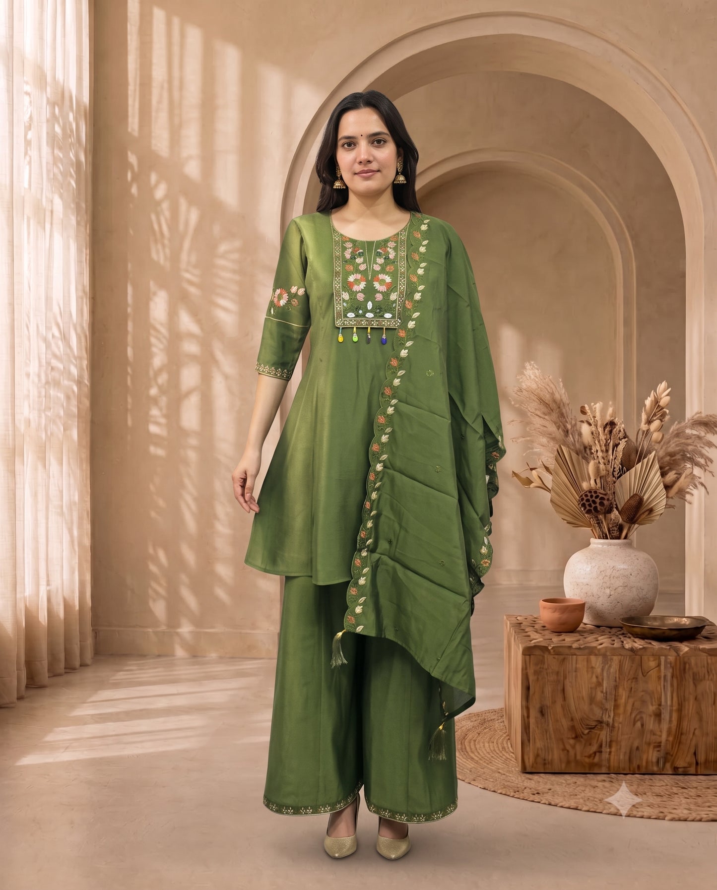 Vibrant Olive Green Short Kurta Set with Wide-Leg Palazzo and Scalloped Dupatta