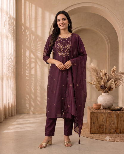 Royal Plum Embroidered Straight Kurta Set with Matching Trousers and Dupatta
