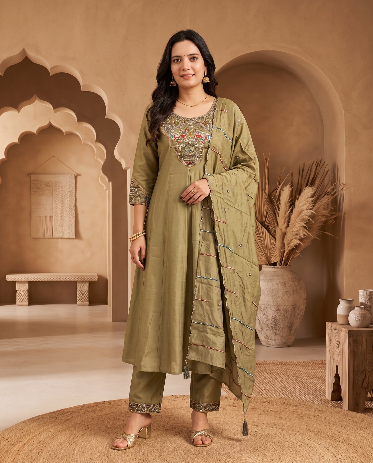 Traditional Olive Green Pichwai-Inspired Embroidered Anarkali Kurta Set with Scalloped Dupatta