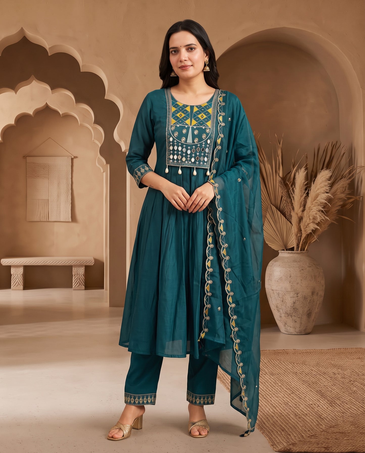 Radiant Teal Blue Embroidered Flared Kurta Set with Matching Pants and Dupatta
