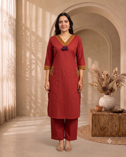 Classic Brick Red Straight Kurta Set with Pocket Detailing and Matching Pants