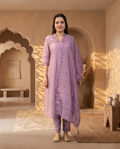 Royal Lavender Embroidered Kurta Pant Set with Zari Dupatta