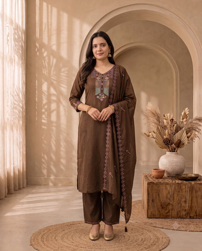 Walnut Brown Traditional Motif Thread-Work Suit Set with Scalloped Dupatta