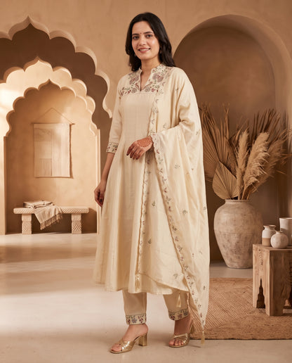 Ivory Chanderi Silk Floral Embroidered Anarkali Kurta Set with Trousers and Dupatta