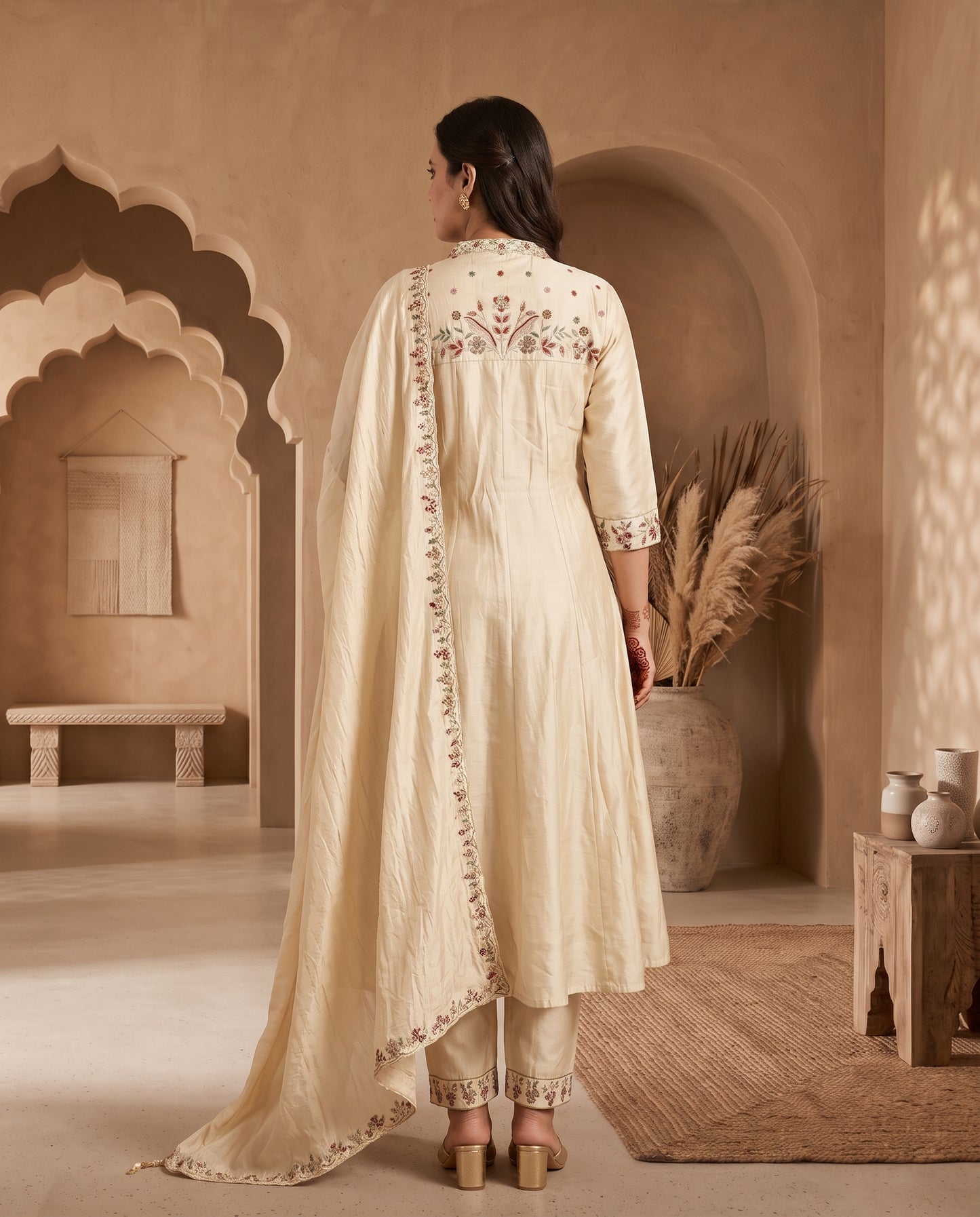 Ivory Chanderi Silk Floral Embroidered Anarkali Kurta Set with Trousers and Dupatta