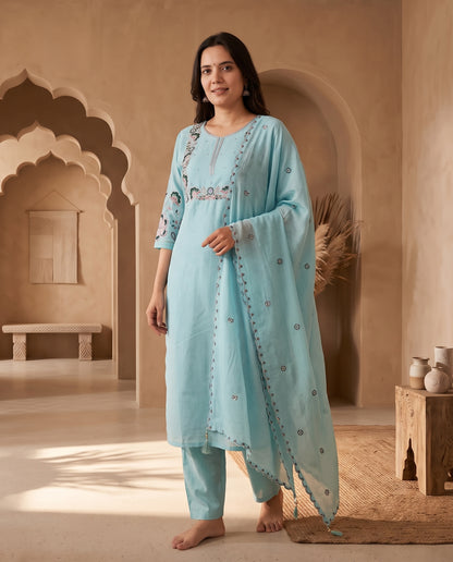 Ice Blue Threadwork Embroidered Silk Suit Set with Scalloped Dupatta