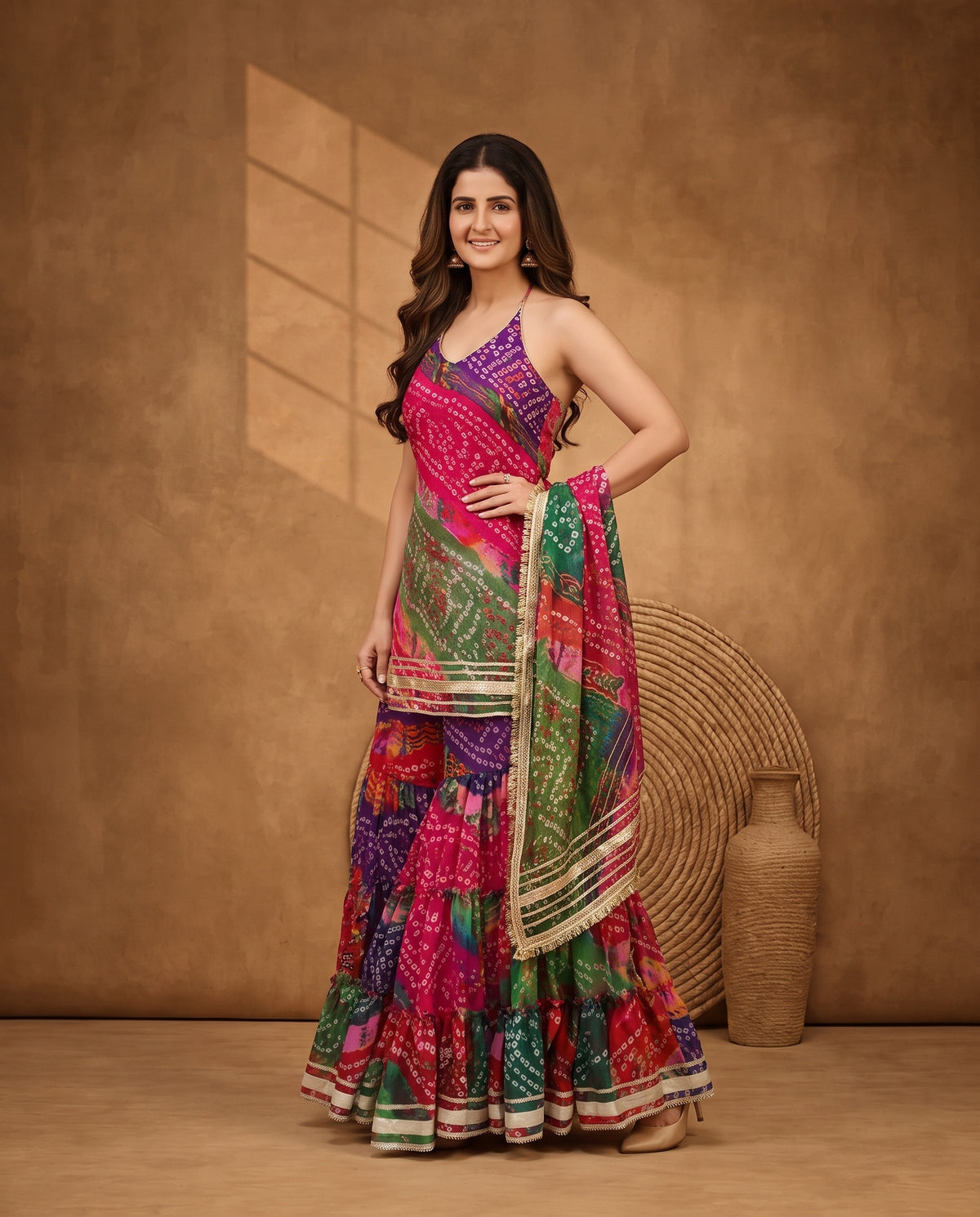 Traditional Bandhej Print Indo-Western Halter Crop Top & Tiered Sharara Suit