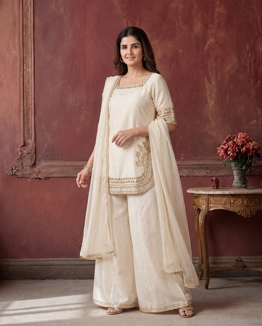Elegant Cream Gold-Zari Work Straight Kurti and Wide-Leg Palazzo Suit