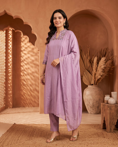 Royal Lavender Embroidered Kurta Pant Set with Zari Dupatta