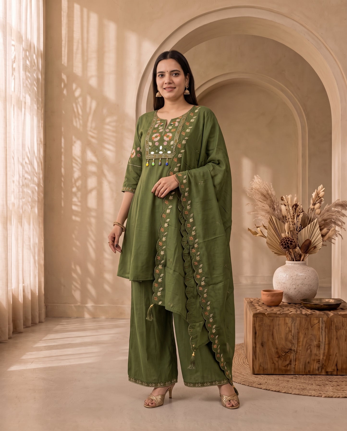 Vibrant Olive Green Short Kurta Set with Wide-Leg Palazzo and Scalloped Dupatta