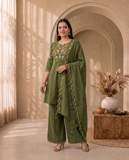 Vibrant Olive Green Short Kurta Set with Wide-Leg Palazzo and Scalloped Dupatta