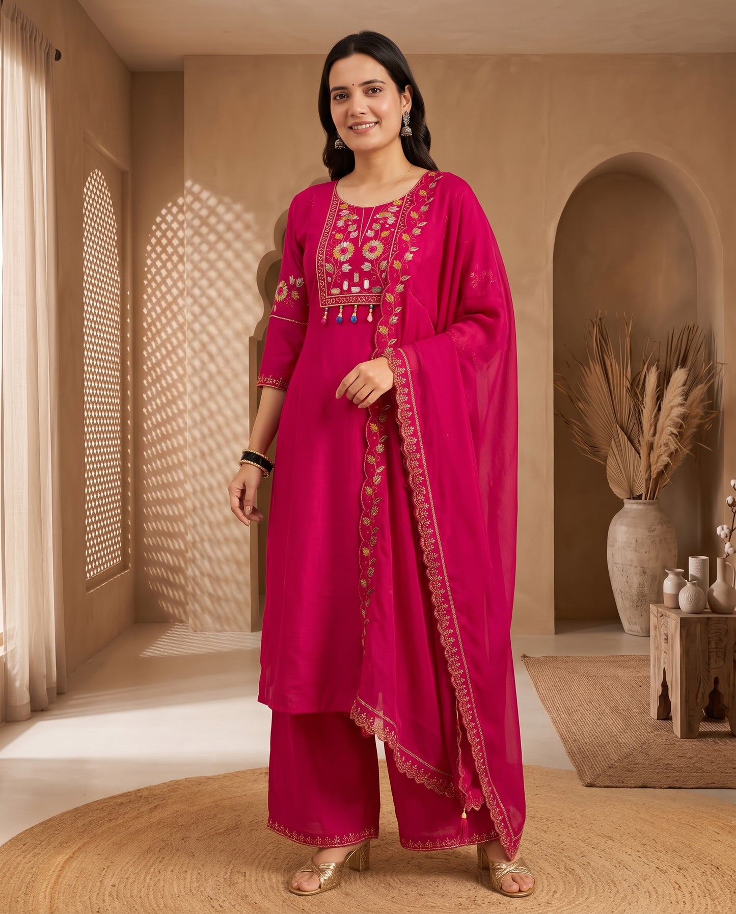 Vibrant Fuchsia Pink Embroidered Short Kurta Set with Wide-Leg Palazzo and Scalloped Dupatta