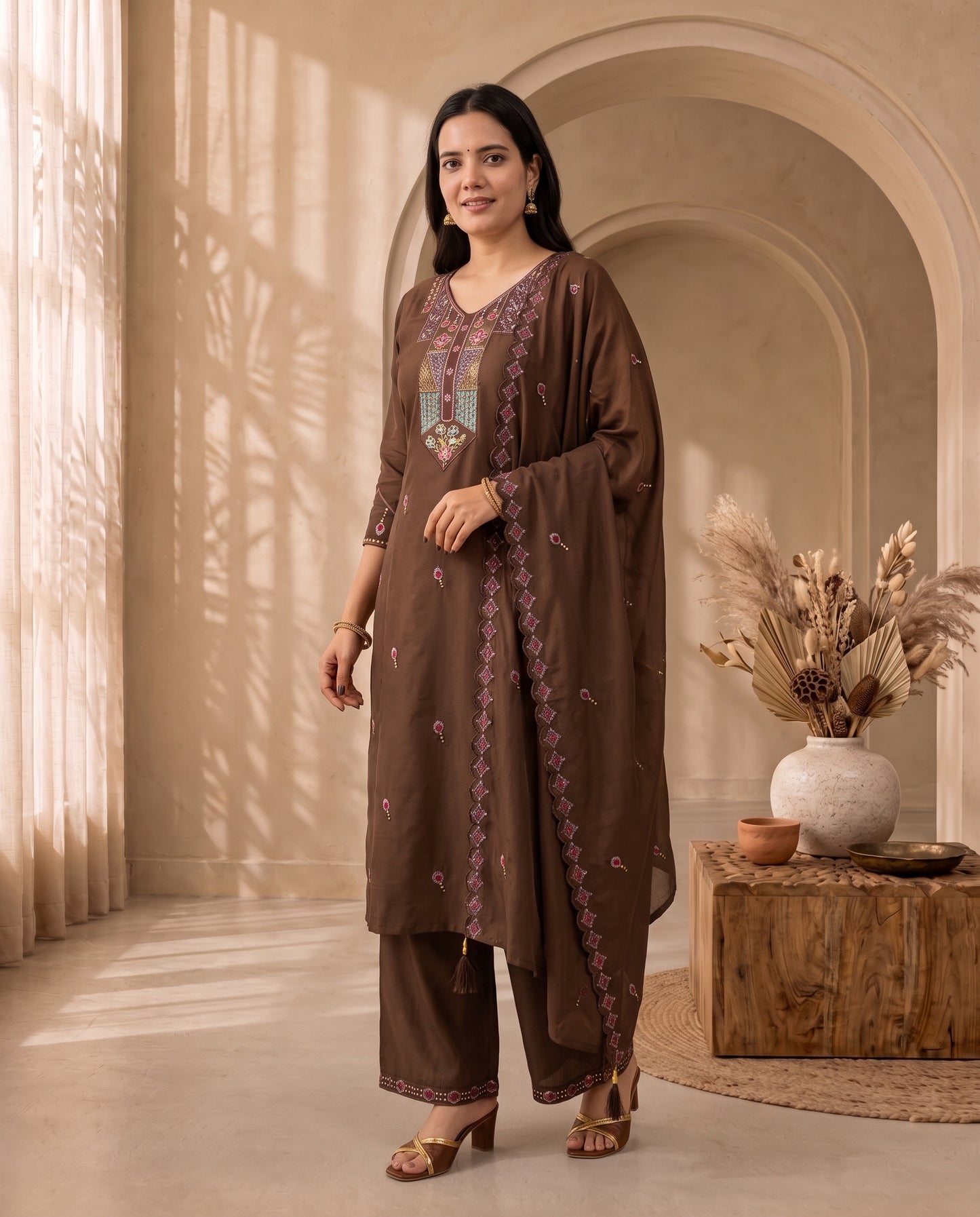 Walnut Brown Traditional Motif Thread-Work Suit Set with Scalloped Dupatta