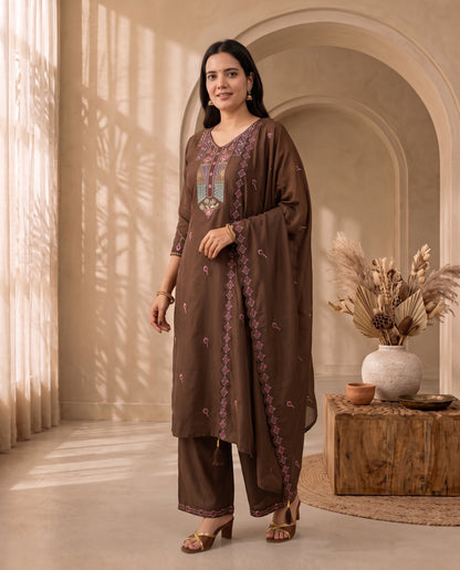 Walnut Brown Traditional Motif Thread-Work Suit Set with Scalloped Dupatta