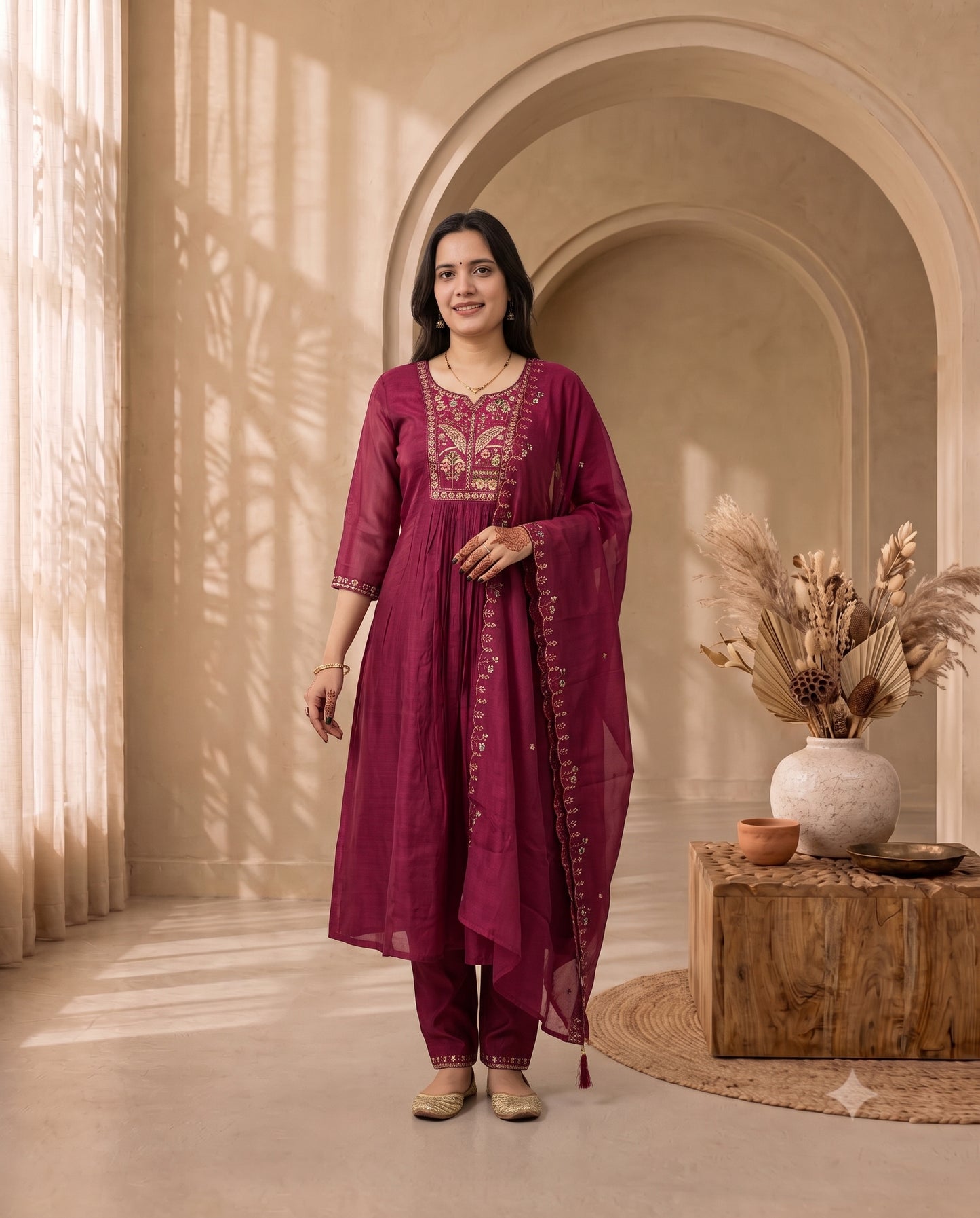 Magenta Chanderi Silk Embroidered Anarkali Kurta with Trousers and Dupatta Set