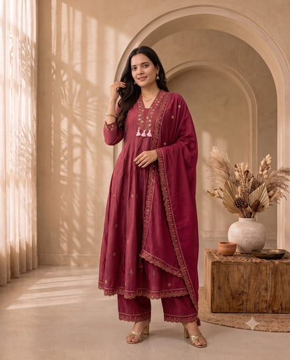 Exquisite Wine Flared Kurta Set with Palazzo and Scalloped Dupatta