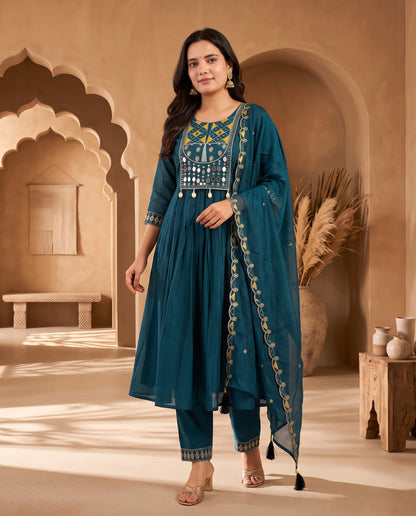 Radiant Teal Blue Embroidered Flared Kurta Set with Matching Pants and Dupatta