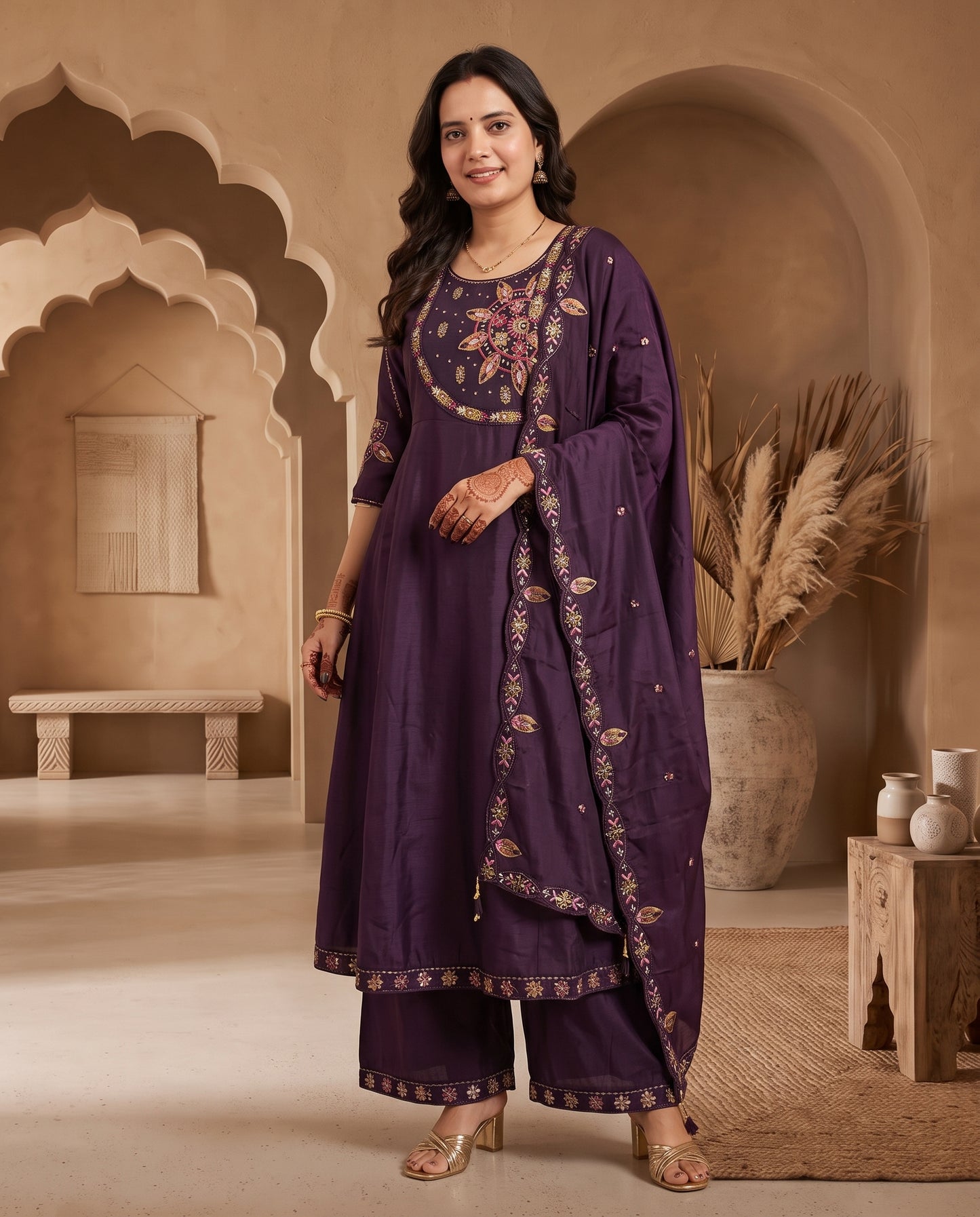 Deep Purple Hand-Embroidered Anarkali Kurta Set with Wide-Leg Palazzo & Scalloped Dupatta