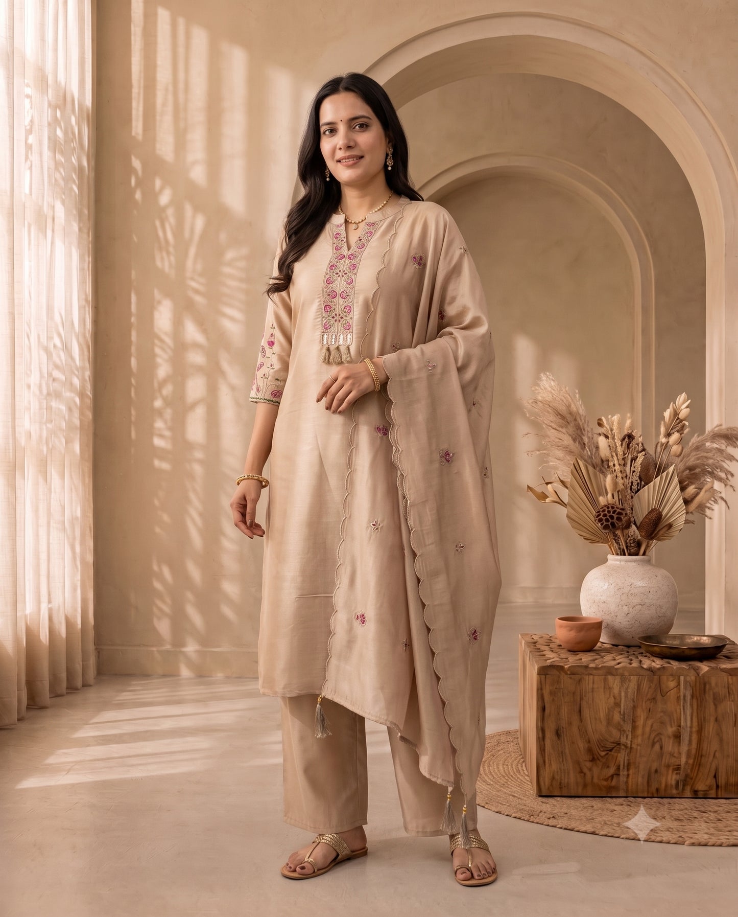 Elegance Beige Embroidered Kurta Set with Matching Palazzo and Scalloped Dupatta
