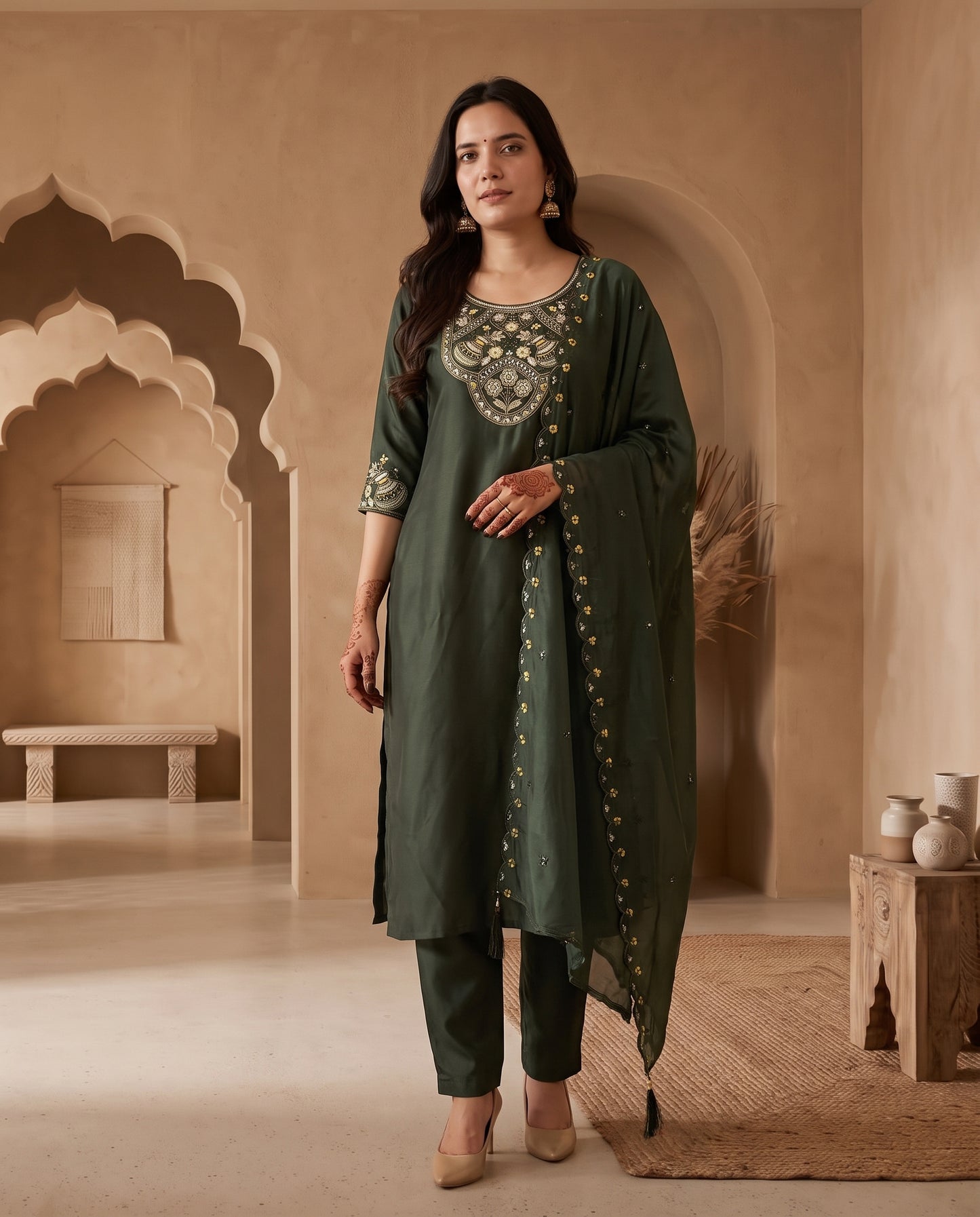 Bottle Green Traditional Embroidered Kurta Set with Scalloped Dupatta