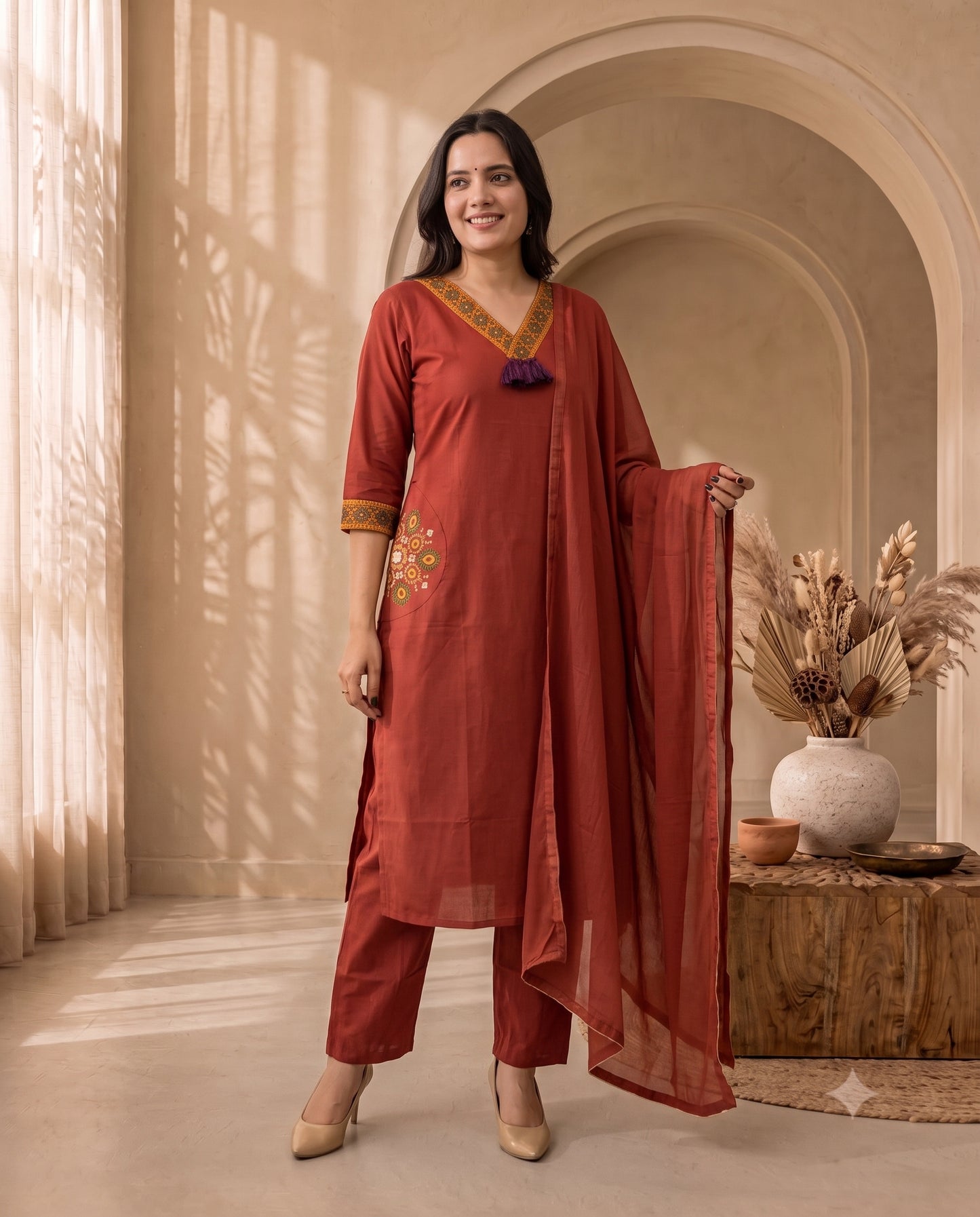 Classic Brick Red Straight Kurta Set with Pocket Detailing and Matching Pants