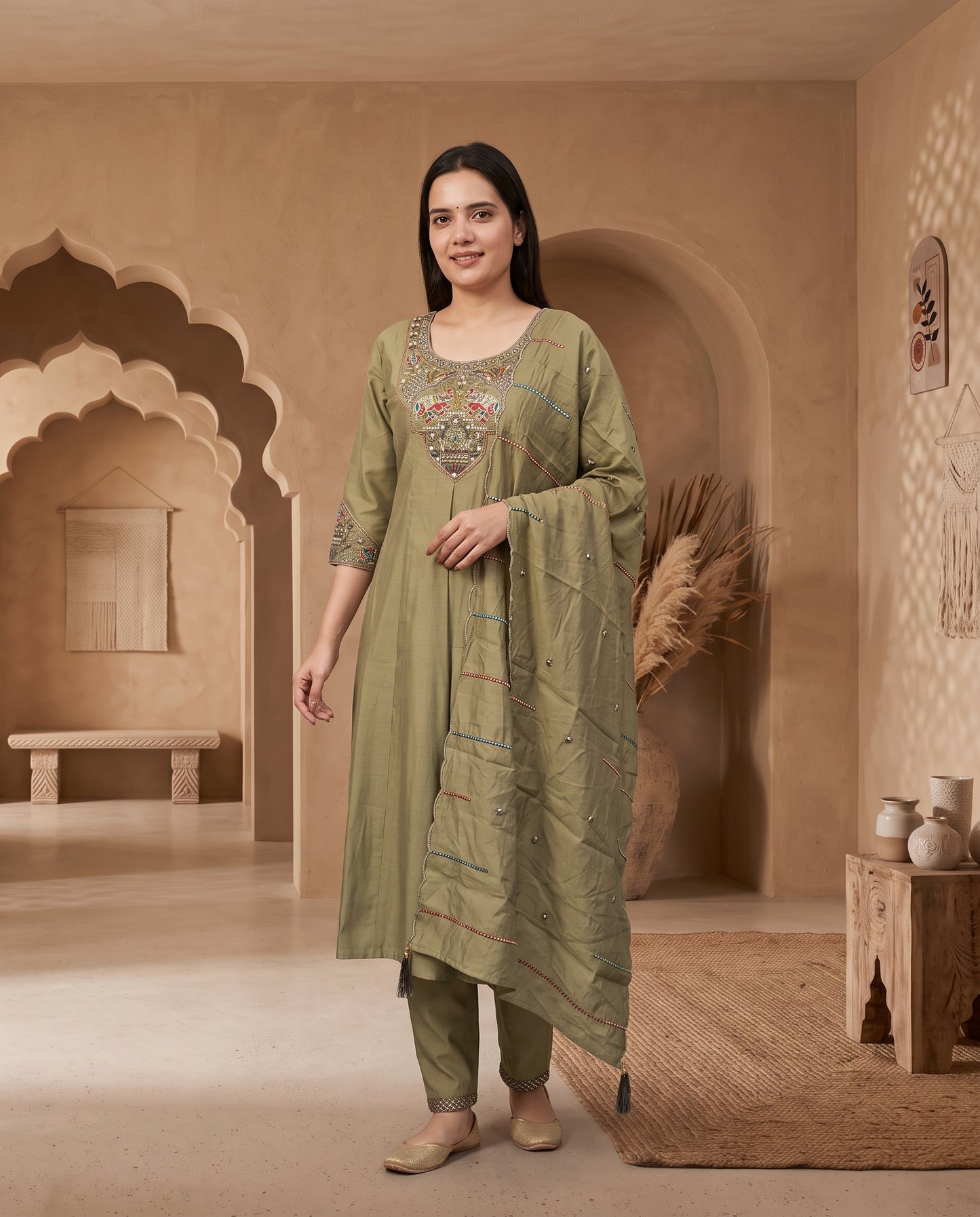 Traditional Olive Green Pichwai-Inspired Embroidered Anarkali Kurta Set with Scalloped Dupatta