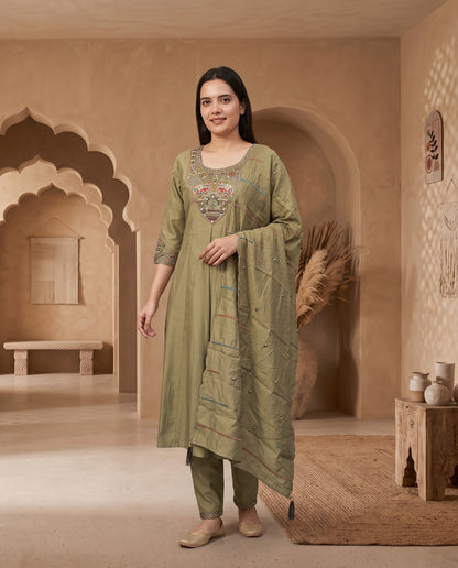 Traditional Olive Green Pichwai-Inspired Embroidered Anarkali Kurta Set with Scalloped Dupatta