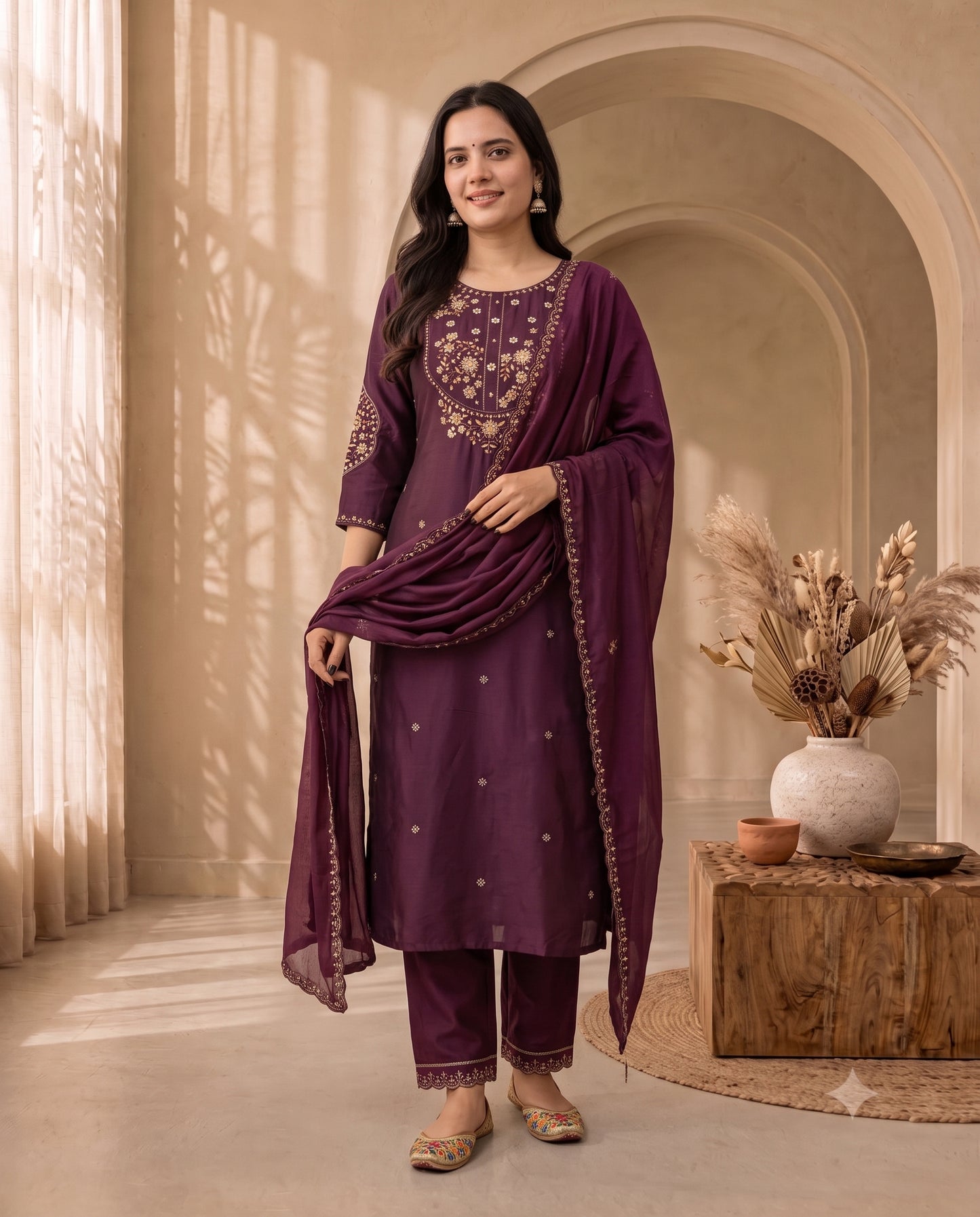 Royal Plum Embroidered Straight Kurta Set with Matching Trousers and Dupatta